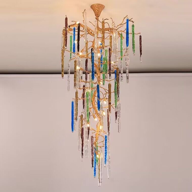 Modern Light Luxury Brass Branches Colored Glass Column Chandelier for Staircase/Living Room/High - ceiling Space - D 23.62" * H 39.37"Warm LightJoyfuzzy