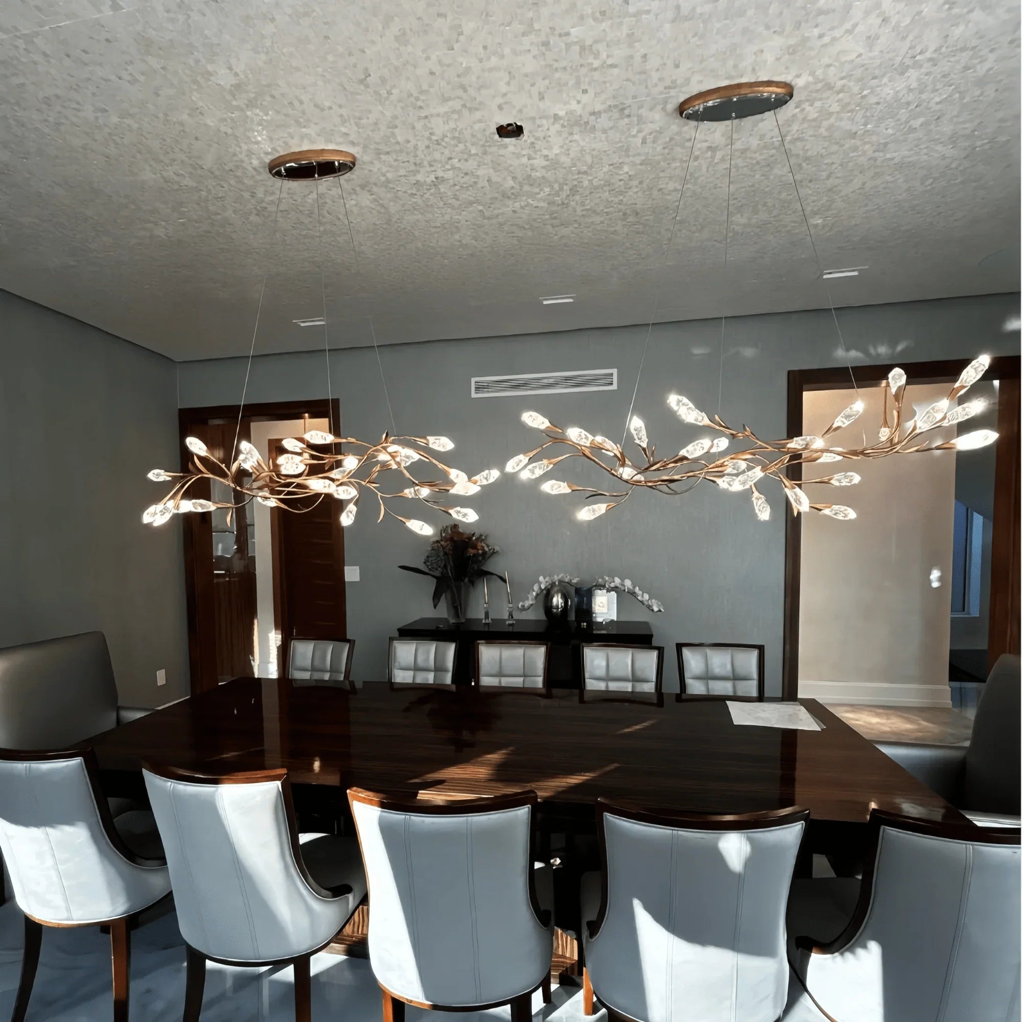 Modern Linear/Round Floral Branches Crystal Chandelier - Linear/L56.3"*W15.5"*H11.9"(L143cm*W39.4cm*H30.2cm)BlackWarm LightJoyfuzzy