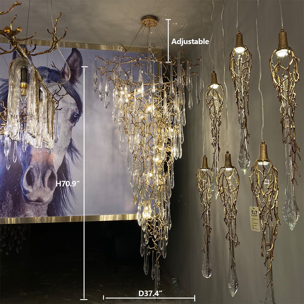 Modern Oversized Luxury Copper Crystal Long Crystal Branch Air Bubble Drop Staircase Light fixture - D31.5"*H59.1"Warm LightJoyfuzzy