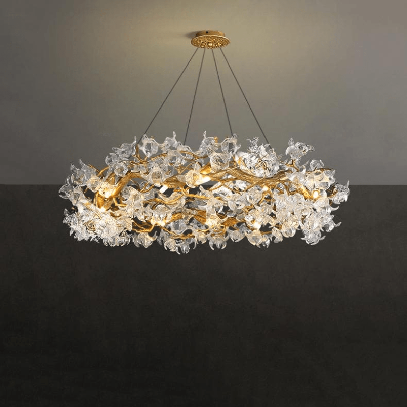 Modern Petal Crystal Round Brass Branch Chandelier - 24" W x 14" HJoyfuzzy