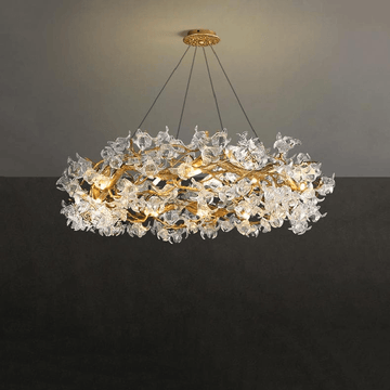 Modern Petal Crystal Round Brass Branch Chandelier - 24" W x 14" HJoyfuzzy
