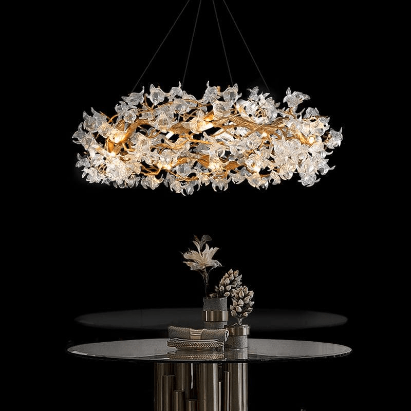 Modern Petal Crystal Round Brass Branch Chandelier - 24" W x 14" HJoyfuzzy