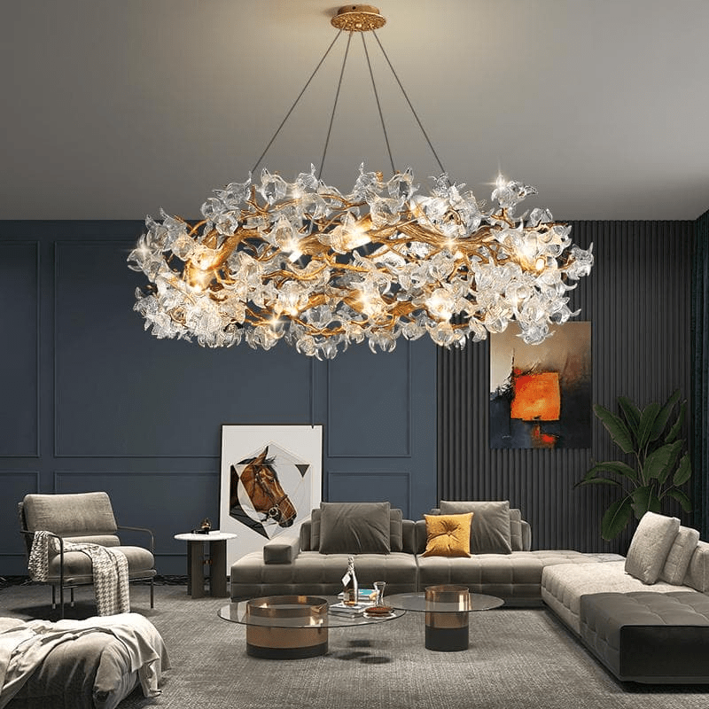 Modern Petal Crystal Round Brass Branch Chandelier - 31" W X 16" HJoyfuzzy