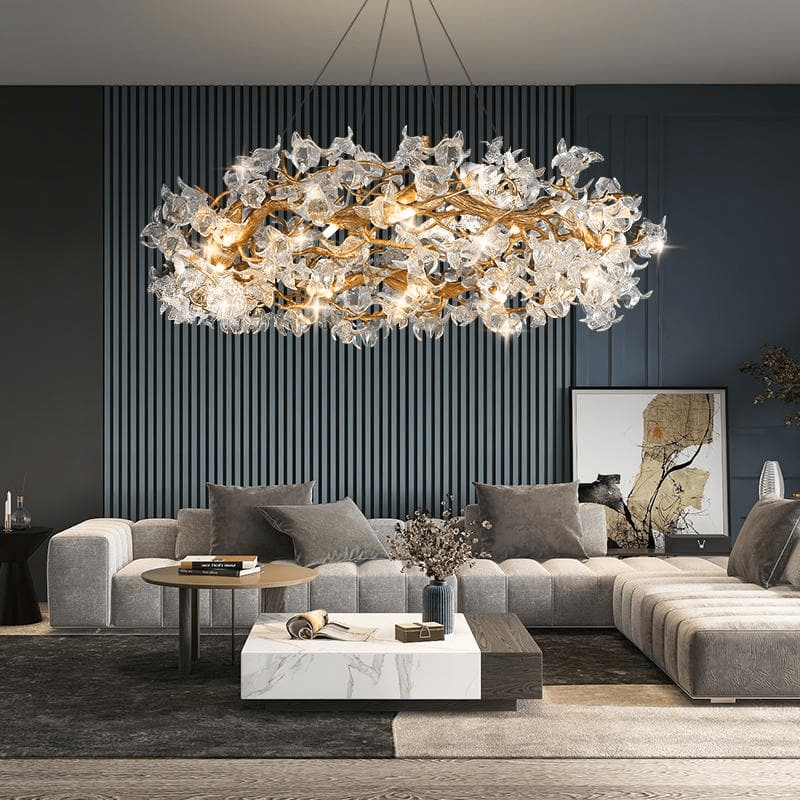 Modern Petal Crystal Round Brass Branch Chandelier - 24" W x 14" HJoyfuzzy