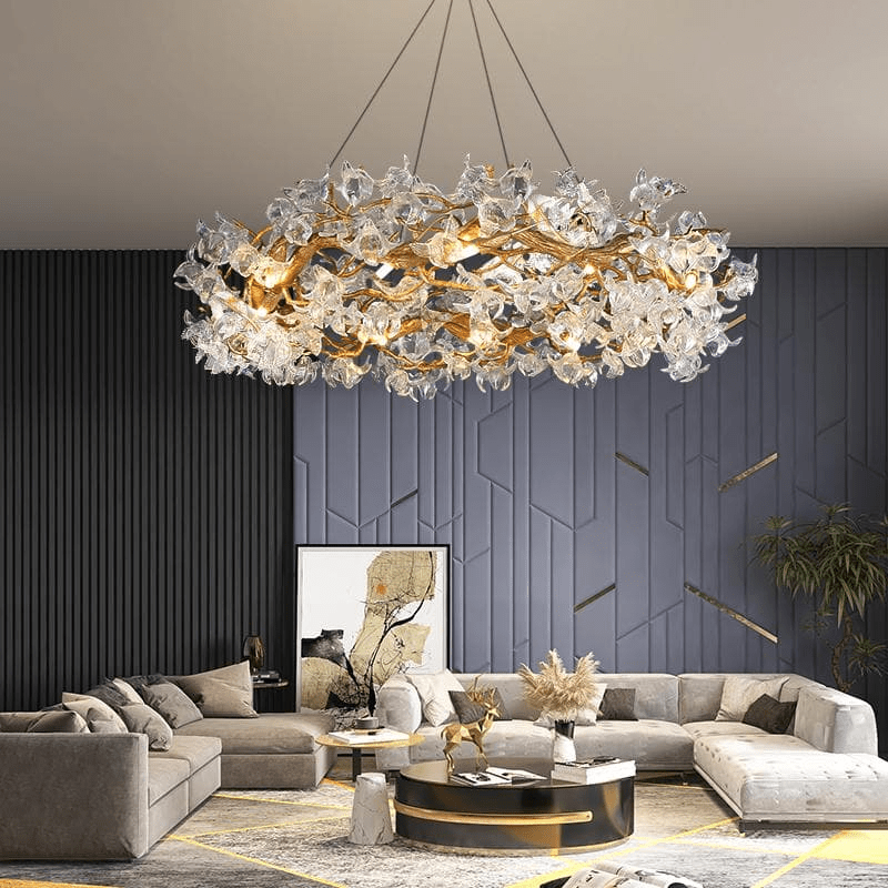 Modern Petal Crystal Round Brass Branch Chandelier - 24" W x 14" HJoyfuzzy