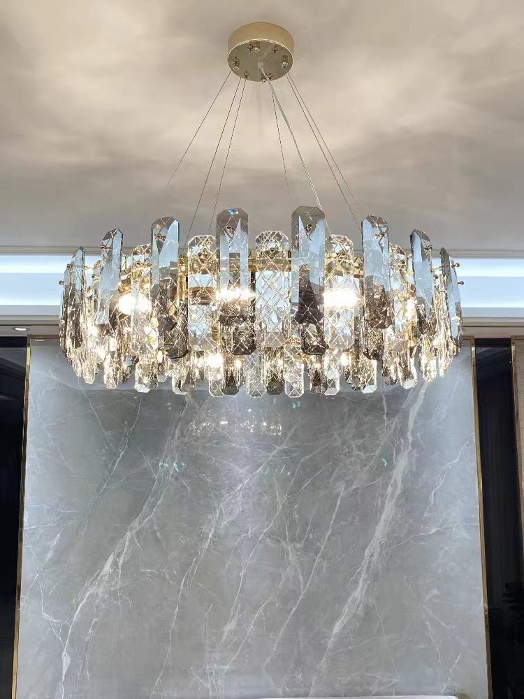 Modern Smoky Gray Crystal Chandelier Gleamy Light Fixture for Living/Dining Room/ Bedroom/ Home Office - Round D39.37"*H8.66"GoldWarm LightJoyfuzzy