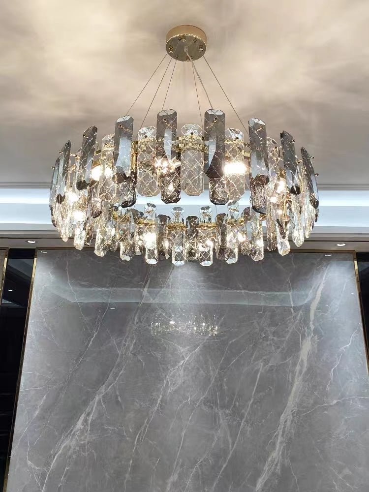 Modern Smoky Gray Crystal Chandelier Gleamy Light Fixture for Living/Dining Room/ Bedroom/ Home Office - Round D39.37"*H8.66"GoldWarm LightJoyfuzzy