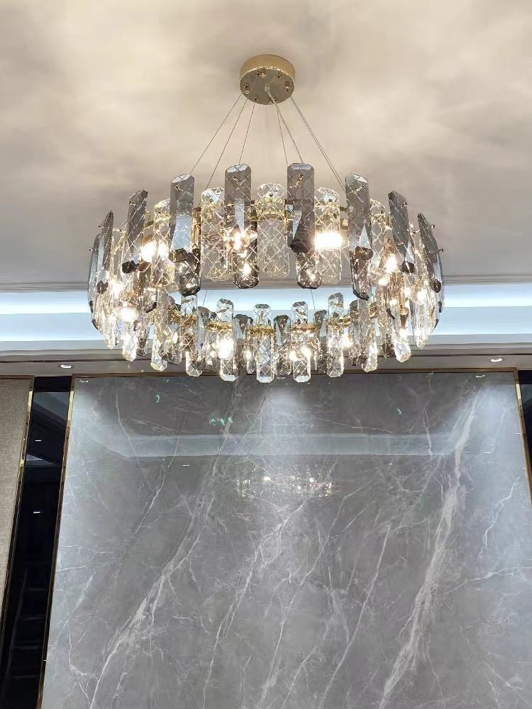 Modern Smoky Gray Crystal Chandelier Gleamy Light Fixture for Living/Dining Room/ Bedroom/ Home Office - Round D39.37"*H8.66"GoldWarm LightJoyfuzzy