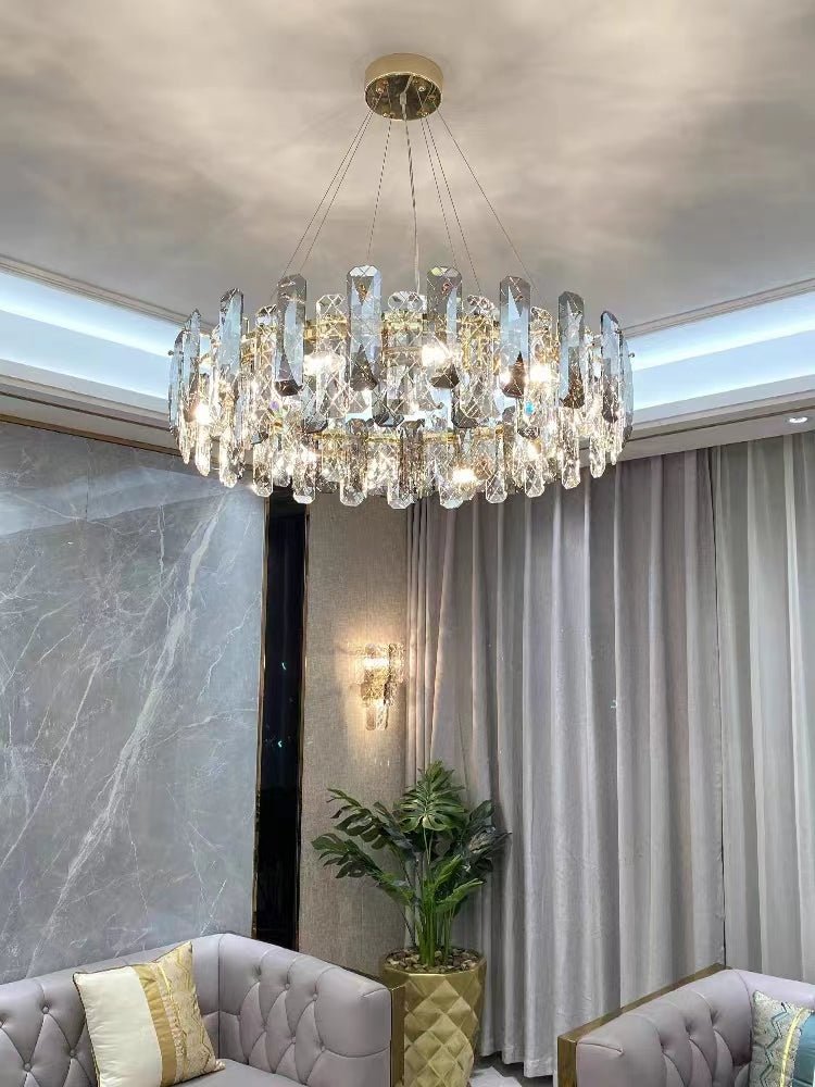 Modern Smoky Gray Crystal Chandelier Gleamy Light Fixture for Living/Dining Room/ Bedroom/ Home Office - Round D39.37"*H8.66"GoldWarm LightJoyfuzzy
