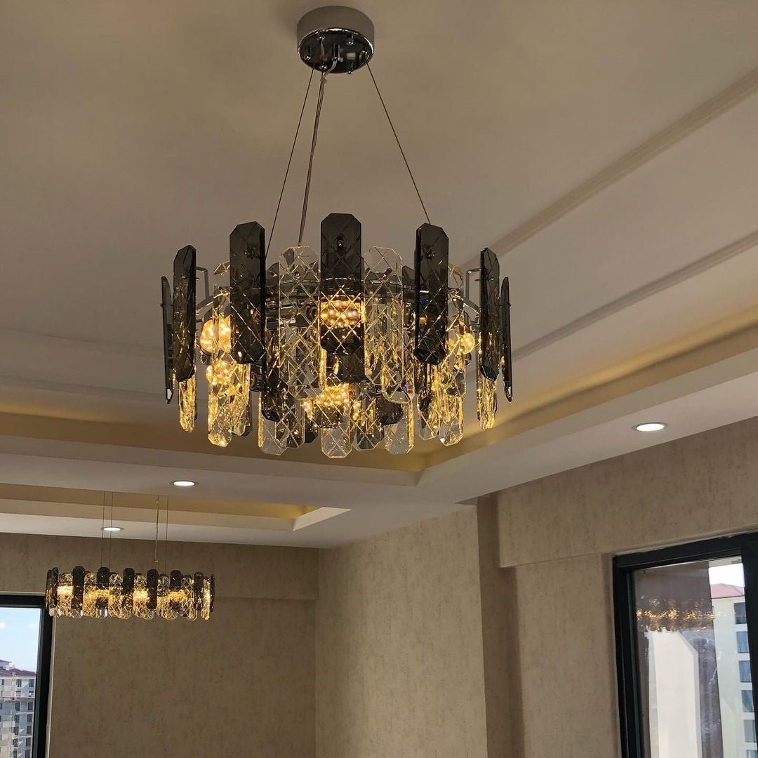 Modern Smoky Gray Crystal Chandelier Gleamy Light Fixture for Living/Dining Room/ Bedroom/ Home Office - Round D39.37"*H8.66"GoldWarm LightJoyfuzzy
