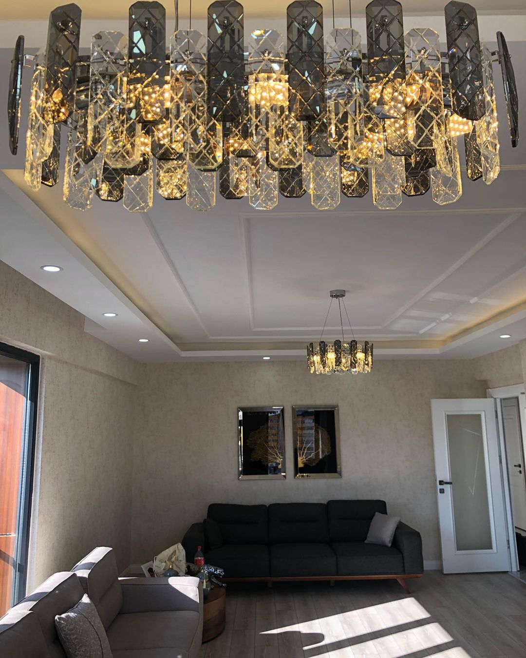 Modern Smoky Gray Crystal Chandelier Gleamy Light Fixture for Living/Dining Room/ Bedroom/ Home Office - Round D39.37"*H8.66"GoldWarm LightJoyfuzzy