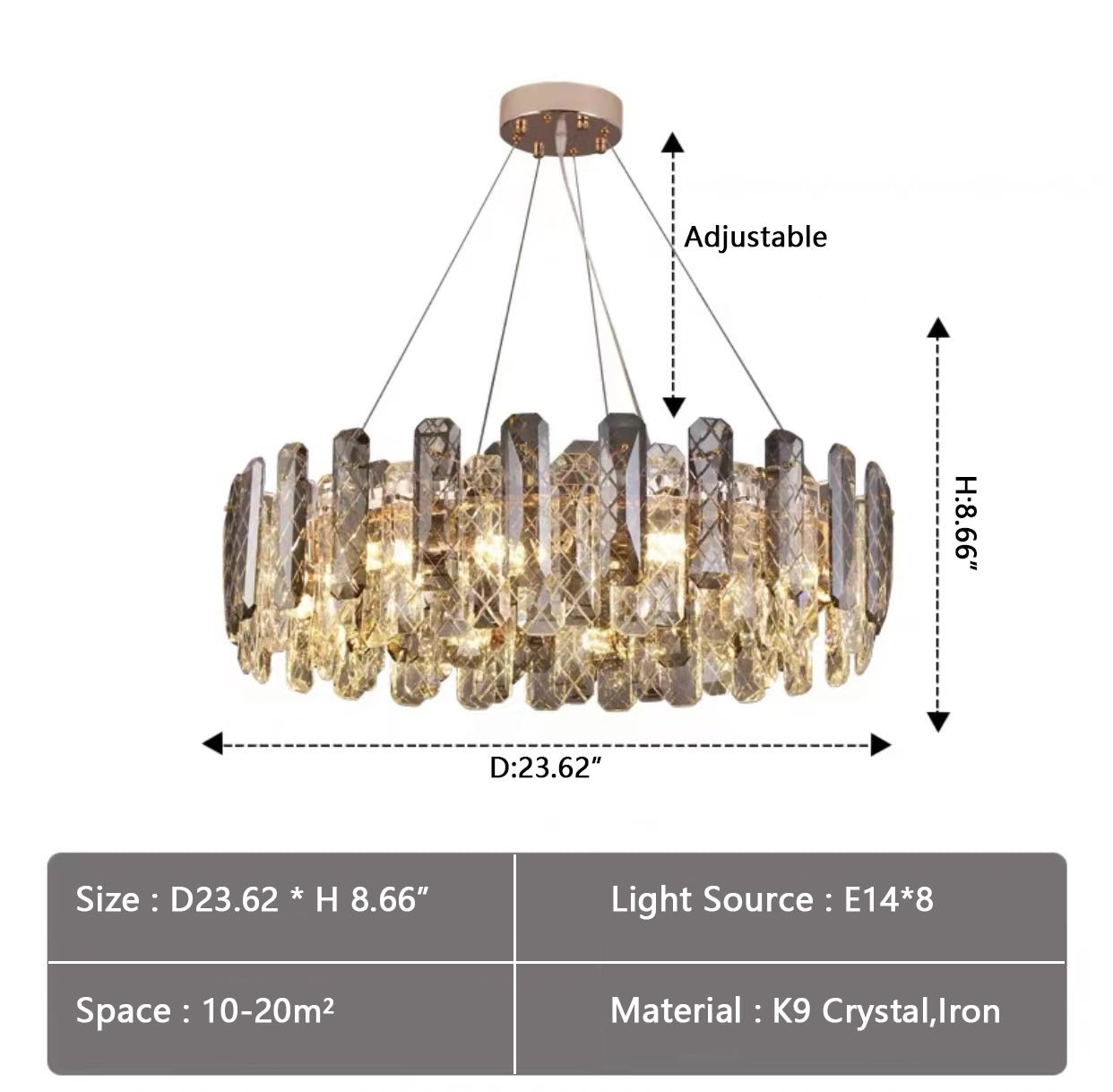 Modern Smoky Gray Crystal Chandelier Gleamy Light Fixture for Living/Dining Room/ Bedroom/ Home Office - Round D39.37"*H8.66"GoldWarm LightJoyfuzzy