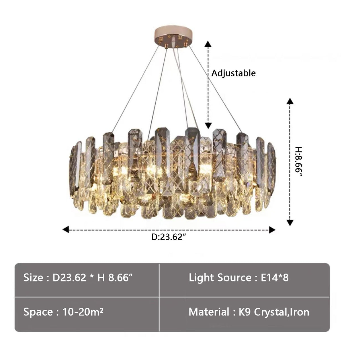 Modern Smoky Gray Crystal Chandelier Gleamy Light Fixture for Living/Dining Room/ Bedroom/ Home Office - Round D39.37"*H8.66"GoldWarm LightJoyfuzzy