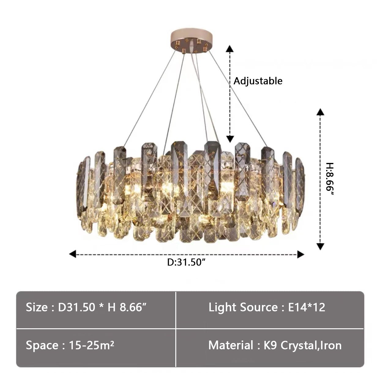 Modern Smoky Gray Crystal Chandelier Gleamy Light Fixture for Living/Dining Room/ Bedroom/ Home Office - Round D39.37"*H8.66"GoldWarm LightJoyfuzzy