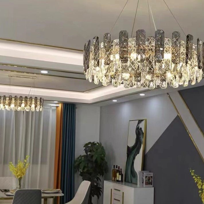 Modern Smoky Gray Crystal Chandelier Gleamy Light Fixture for Living/Dining Room/ Bedroom/ Home Office - Round D19.69"*H8.66"/20kgGoldWarm LightJoyfuzzy
