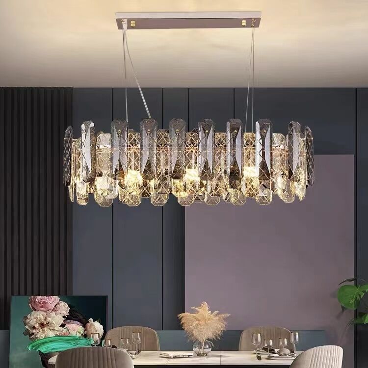 Modern Smoky Gray Crystal Chandelier Gleamy Light Fixture for Living/Dining Room/ Bedroom/ Home Office - Rectangle L31.5"*W14.57"*H8.66"/22.7kgGoldWarm LightJoyfuzzy