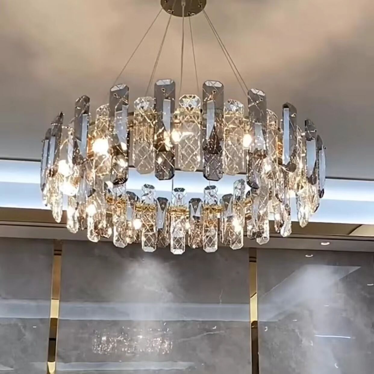 Modern Smoky Gray Crystal Chandelier Gleamy Light Fixture for Living/Dining Room/ Bedroom/ Home Office - Round D19.69"*H8.66"/20kgGoldWarm LightJoyfuzzy
