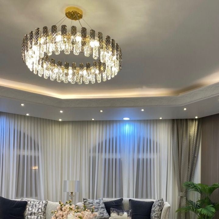 Modern Smoky Gray Crystal Chandelier Gleamy Light Fixture for Living/Dining Room/ Bedroom/ Home Office - Round D19.69"*H8.66"/20kgGoldWarm LightJoyfuzzy
