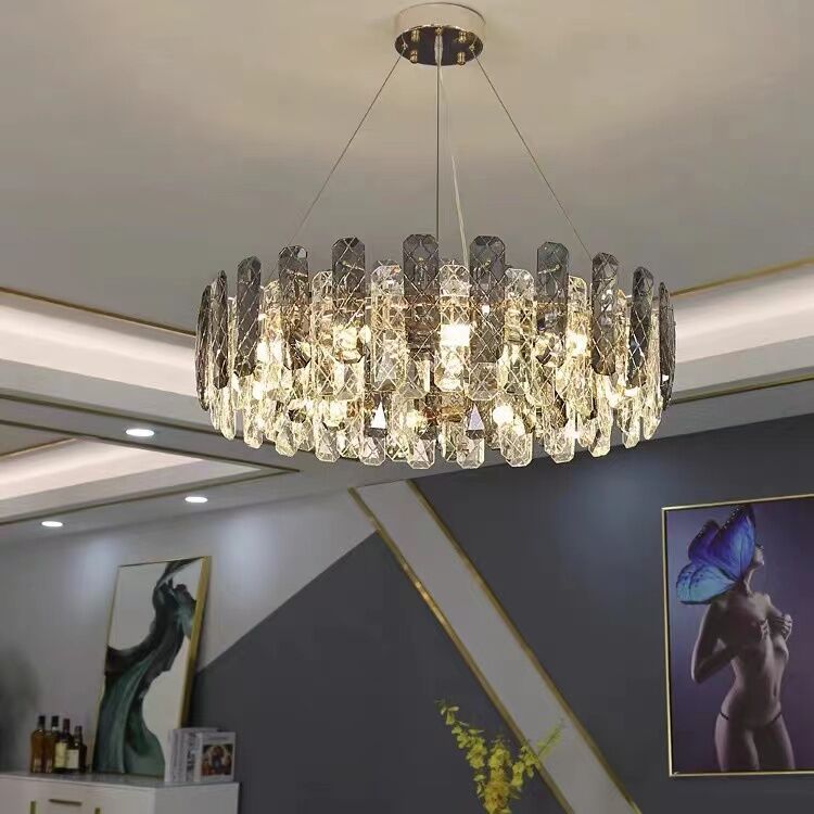 Modern Smoky Gray Crystal Chandelier Gleamy Light Fixture for Living/Dining Room/ Bedroom/ Home Office - Round D19.69"*H8.66"/20kgGoldWarm LightJoyfuzzy
