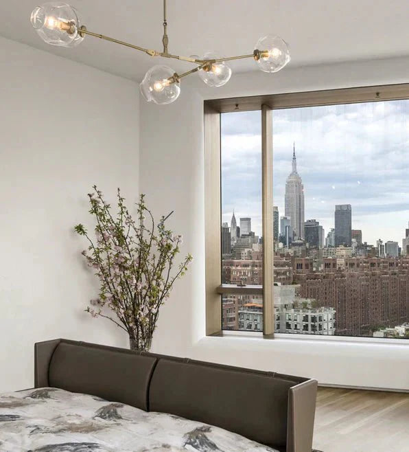 Modern Sputnik Smoky Gray/Amber Glass Branch Chandelier for Kitchen Island/Dining Room - 5 Globes/W64.2"*D20.86"*H20.87"Brass Finish/Clear GlassWarm LightJoyfuzzy