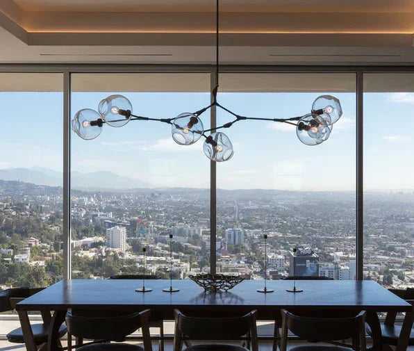 Modern Sputnik Smoky Gray/Amber Glass Branch Chandelier for Kitchen Island/Dining Room - 5 Globes/W64.2"*D20.86"*H20.87"Brass Finish/Clear GlassWarm LightJoyfuzzy