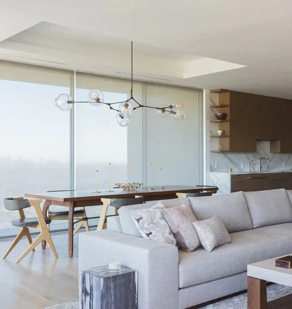 Modern Sputnik Smoky Gray/Amber Glass Branch Chandelier for Kitchen Island/Dining Room - 5 Globes/W64.2"*D20.86"*H20.87"Brass Finish/Clear GlassWarm LightJoyfuzzy