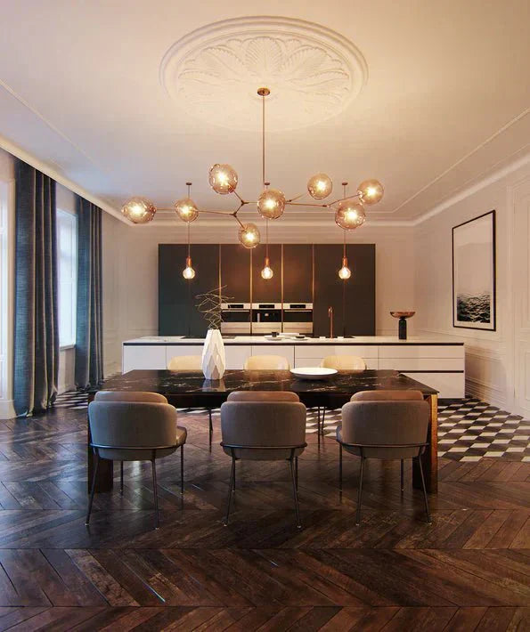 Modern Sputnik Smoky Gray/Amber Glass Branch Chandelier for Kitchen Island/Dining Room - 5 Globes/W64.2"*D20.86"*H20.87"Brass Finish/Clear GlassWarm LightJoyfuzzy