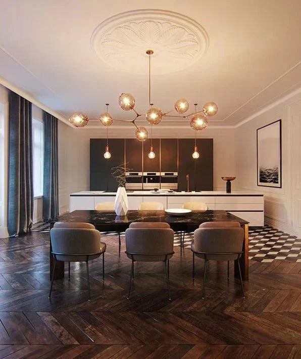 Modern Sputnik Smoky Gray/Amber Glass Branch Chandelier for Kitchen Island/Dining Room - 8 Globes/W89.76"*D33.07"*H22.8"Brass Finish/Clear GlassWarm LightJoyfuzzy