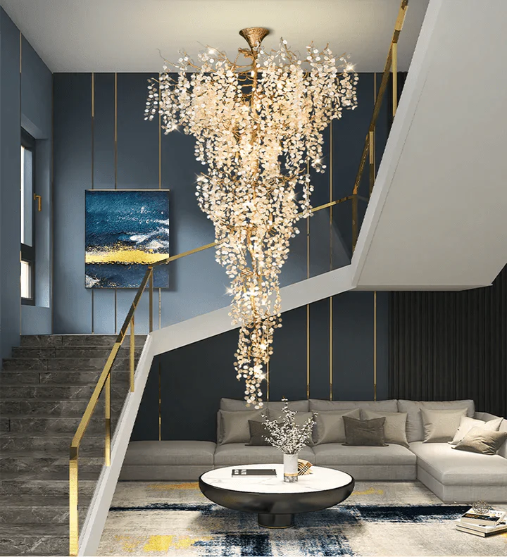 Modern Unique Artistic Flower Brass Branch Semi - flush Mount Chandelier for Living Room/ Hallway/ Entryway/ Staircase - D 35.43" * H 78.74"Warm LightJoyfuzzy