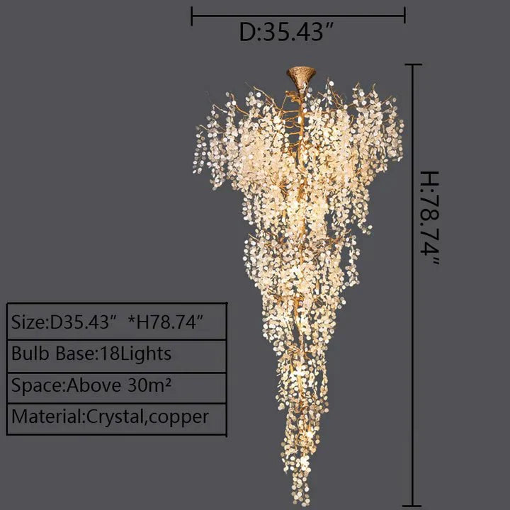 Modern Unique Artistic Flower Brass Branch Semi - flush Mount Chandelier for Living Room/ Hallway/ Entryway/ Staircase - D 35.43" * H 78.74"Warm LightJoyfuzzy