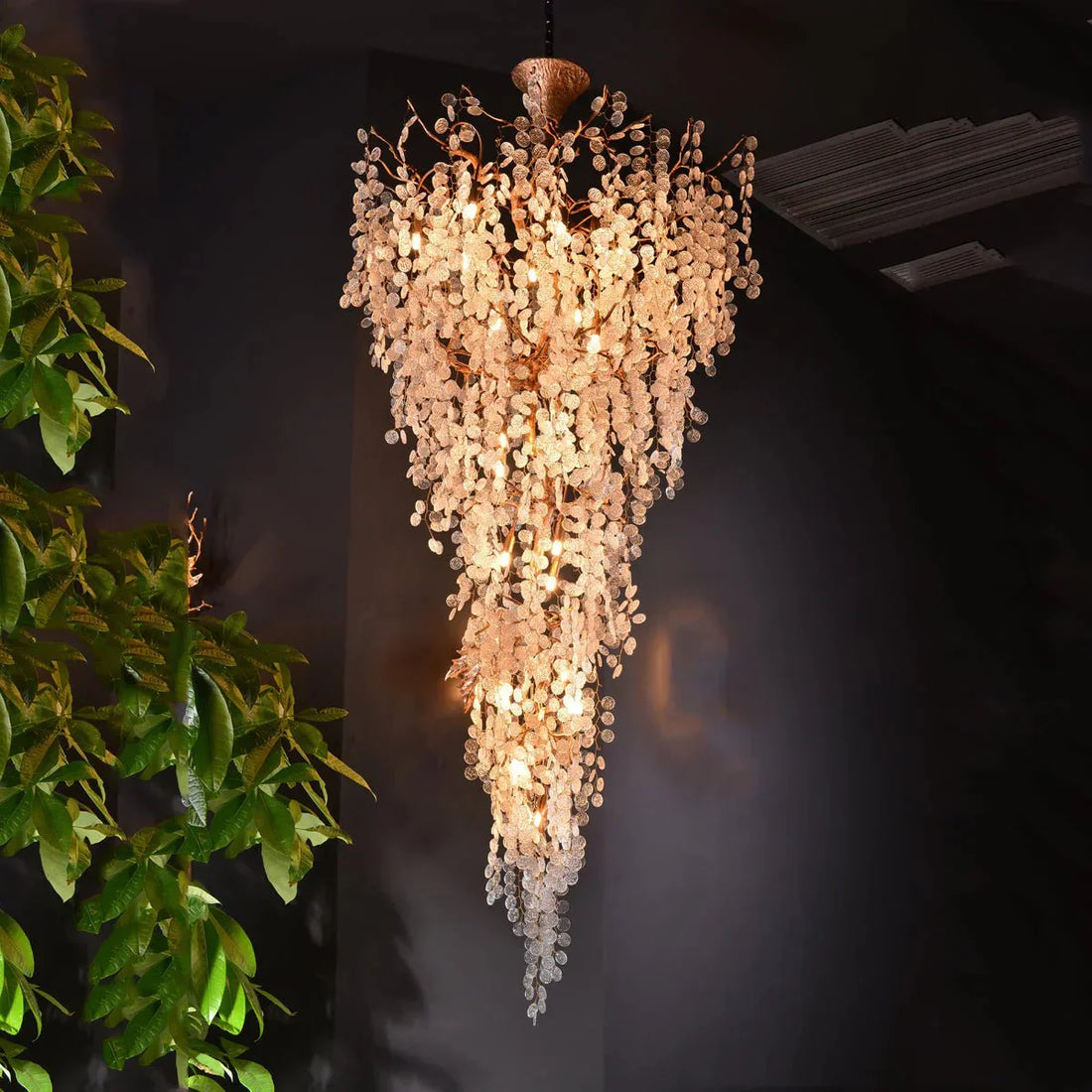 Modern Unique Artistic Flower Brass Branch Semi - flush Mount Chandelier for Living Room/ Hallway/ Entryway/ Staircase - D 35.43" * H 78.74"Warm LightJoyfuzzy