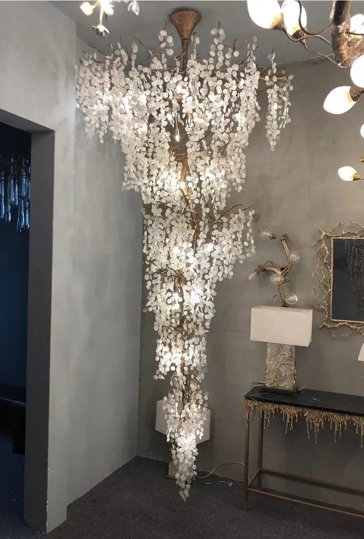 Modern Unique Artistic Flower Brass Branch Semi - flush Mount Chandelier for Living Room/ Hallway/ Entryway/ Staircase - D 35.43" * H 78.74"Warm LightJoyfuzzy