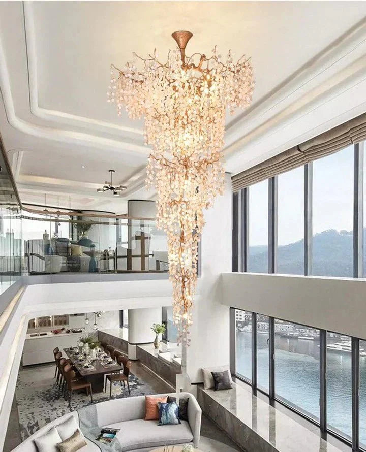 Modern Unique Artistic Flower Brass Branch Semi - flush Mount Chandelier for Living Room/ Hallway/ Entryway/ Staircase - D 35.43" * H 78.74"Warm LightJoyfuzzy