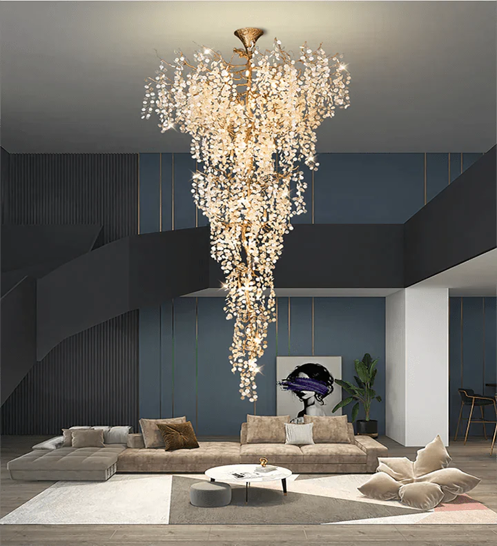 Modern Unique Artistic Flower Brass Branch Semi - flush Mount Chandelier for Living Room/ Hallway/ Entryway/ Staircase - D 35.43" * H 78.74"Warm LightJoyfuzzy