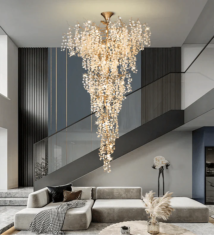 Modern Unique Artistic Flower Brass Branch Semi - flush Mount Chandelier for Living Room/ Hallway/ Entryway/ Staircase - D 35.43" * H 78.74"Warm LightJoyfuzzy