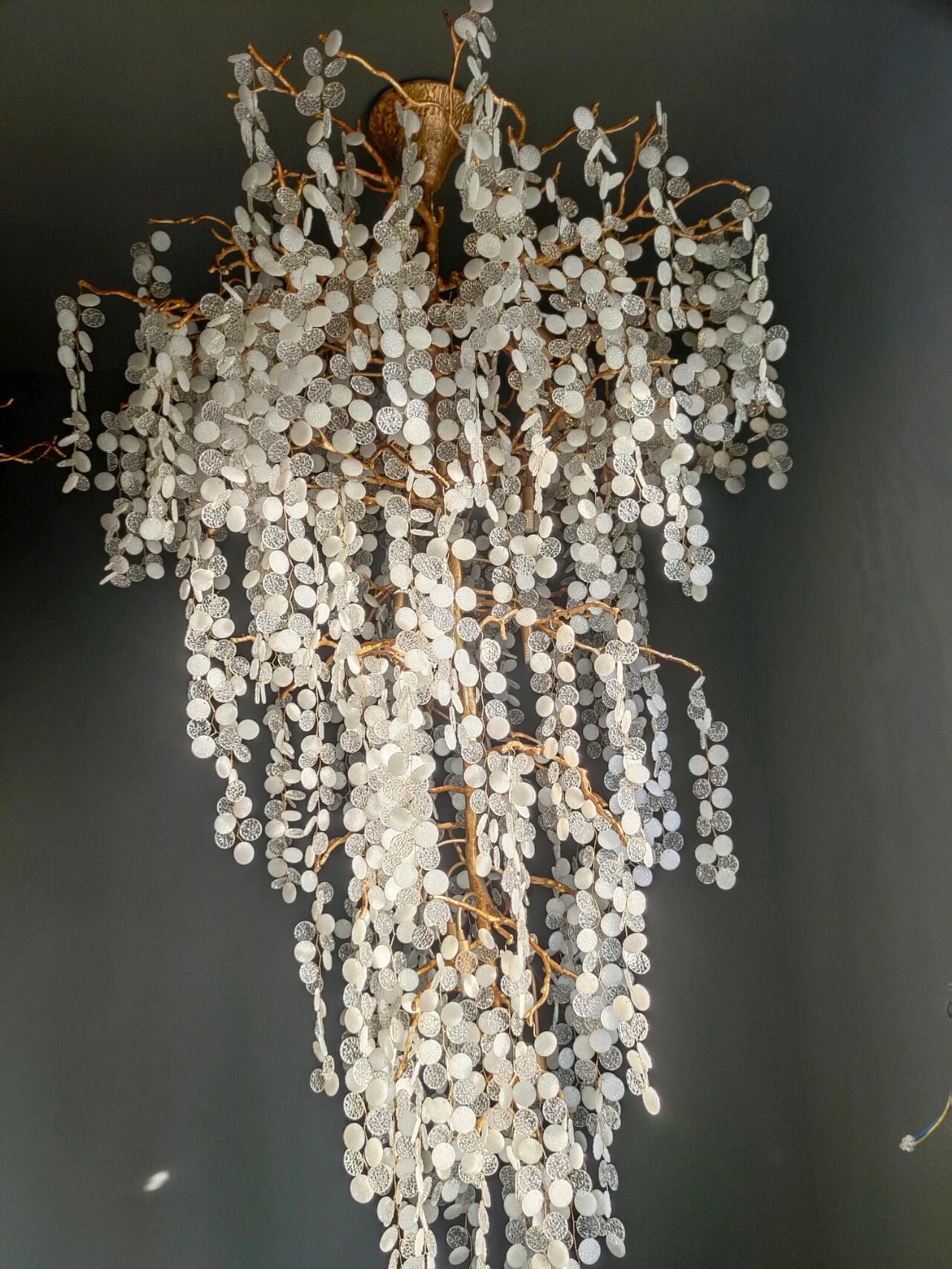 Modern Unique Artistic Flower Brass Branch Semi - flush Mount Chandelier for Living Room/ Hallway/ Entryway/ Staircase - D 35.43" * H 78.74"Warm LightJoyfuzzy