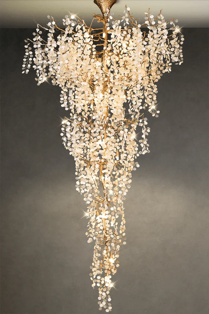 Modern Unique Artistic Flower Brass Branch Semi - flush Mount Chandelier for Living Room/ Hallway/ Entryway/ Staircase - D 35.43" * H 78.74"Warm LightJoyfuzzy