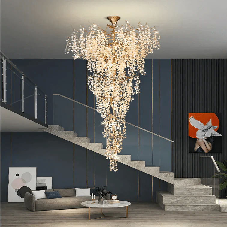 Modern Unique Artistic Flower Brass Branch Semi - flush Mount Chandelier for Living Room/ Hallway/ Entryway/ Staircase - D 35.43" * H 78.74"Warm LightJoyfuzzy