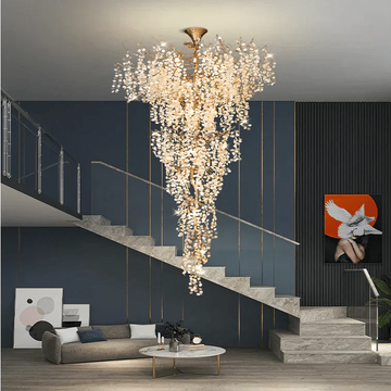 Modern Unique Artistic Flower Brass Branch Semi - flush Mount Chandelier for Living Room/ Hallway/ Entryway/ Staircase - D 35.43" * H 78.74"Warm LightJoyfuzzy