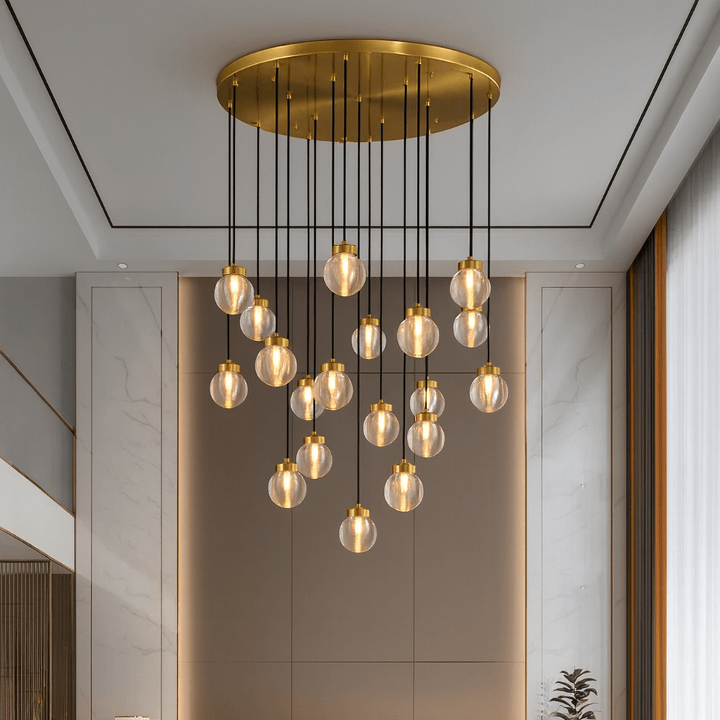 Detail of glass globes on the Bossen 19-globe chandelier