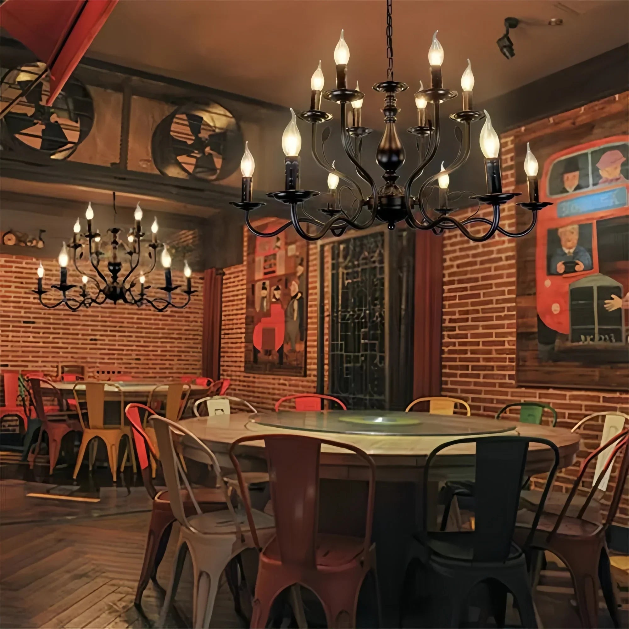 Multi Layer Iron Chandelier with Electronic Candles in Vintage Country Style for Living Room Cafe and Study-