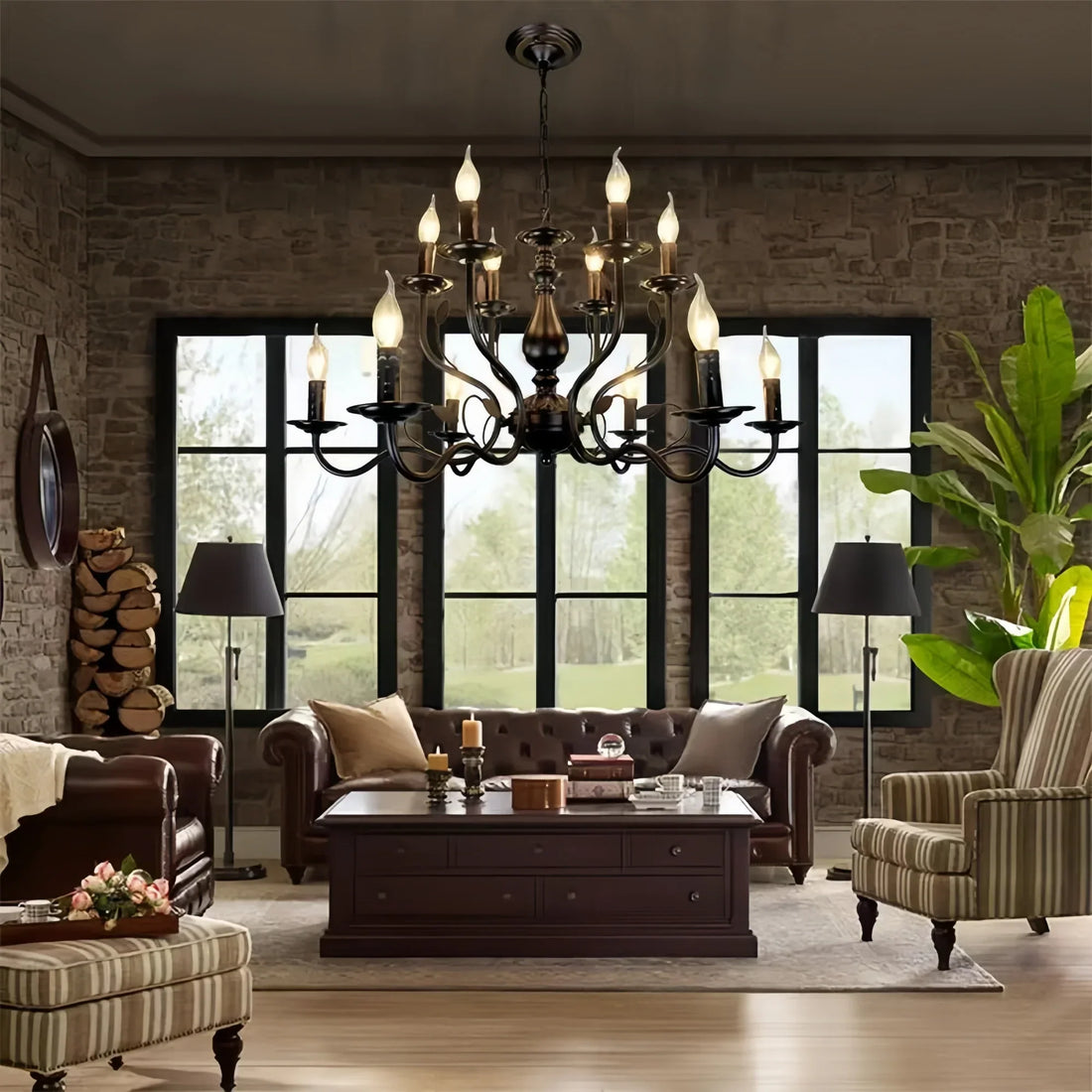 Multi Layer Iron Chandelier with Electronic Candles in Vintage Country Style for Living Room Cafe and Study-
