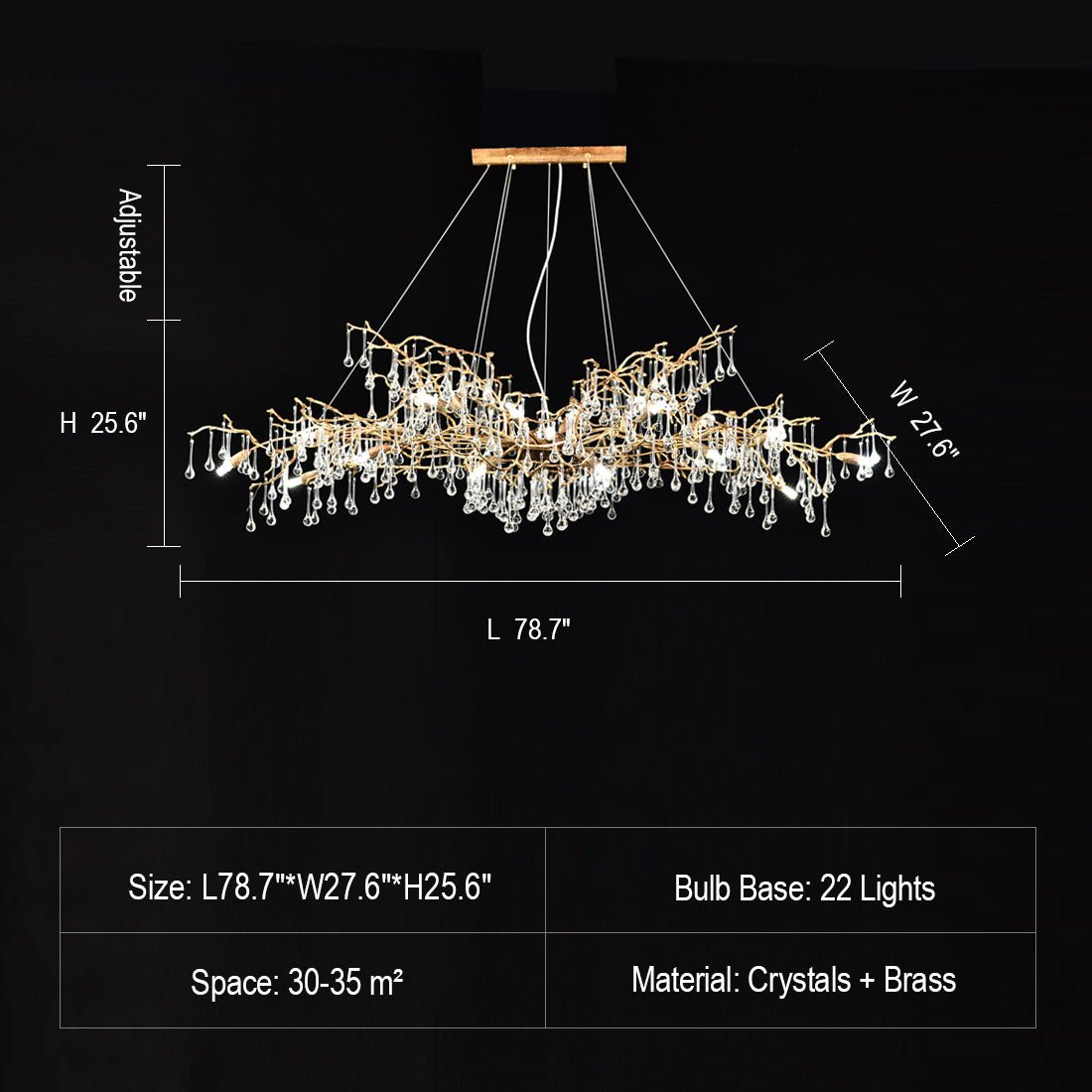 New Style Extra Large Brass Branch Chandelier Light Crystal Drops Pendant Lamp For Living/ Dining Room - L78.7"*W27.6"*H25.6"/ 22 LightsWarm LightJoyfuzzy