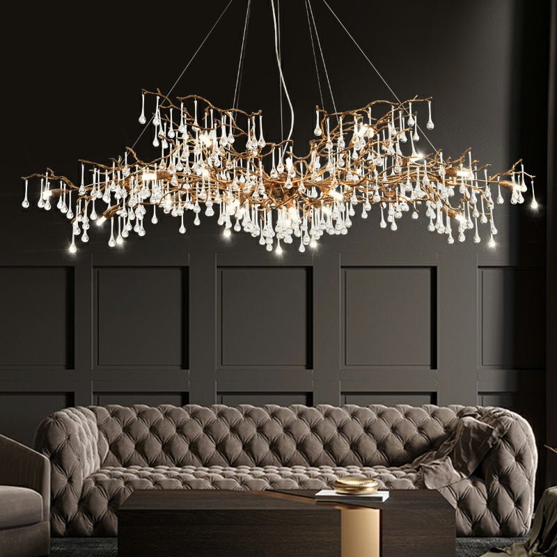 New Style Extra Large Brass Branch Chandelier Light Crystal Drops Pendant Lamp For Living/ Dining Room - L47.2"*W21.7"*H23.6"/ 14 Lights/36.4kgWarm LightJoyfuzzy