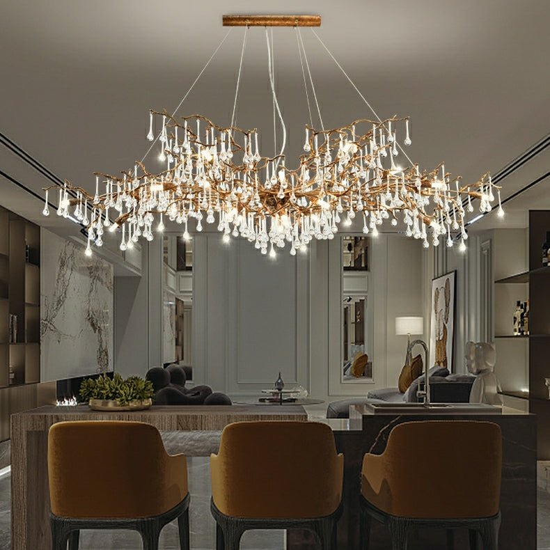New Style Extra Large Brass Branch Chandelier Light Crystal Drops Pendant Lamp For Living/ Dining Room - L47.2"*W21.7"*H23.6"/ 14 Lights/36.4kgWarm LightJoyfuzzy
