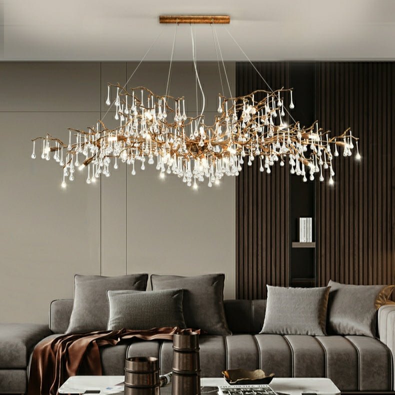 New Style Extra Large Brass Branch Chandelier Light Crystal Drops Pendant Lamp For Living/ Dining Room - L47.2"*W21.7"*H23.6"/ 14 Lights/36.4kgWarm LightJoyfuzzy