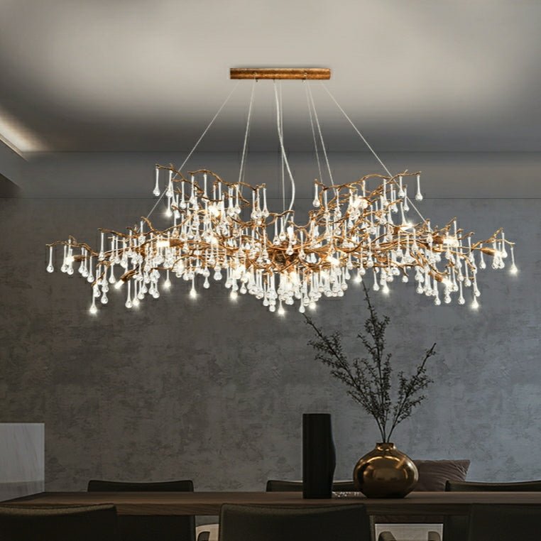 New Style Extra Large Brass Branch Chandelier Light Crystal Drops Pendant Lamp For Living/ Dining Room - L47.2"*W21.7"*H23.6"/ 14 Lights/36.4kgWarm LightJoyfuzzy