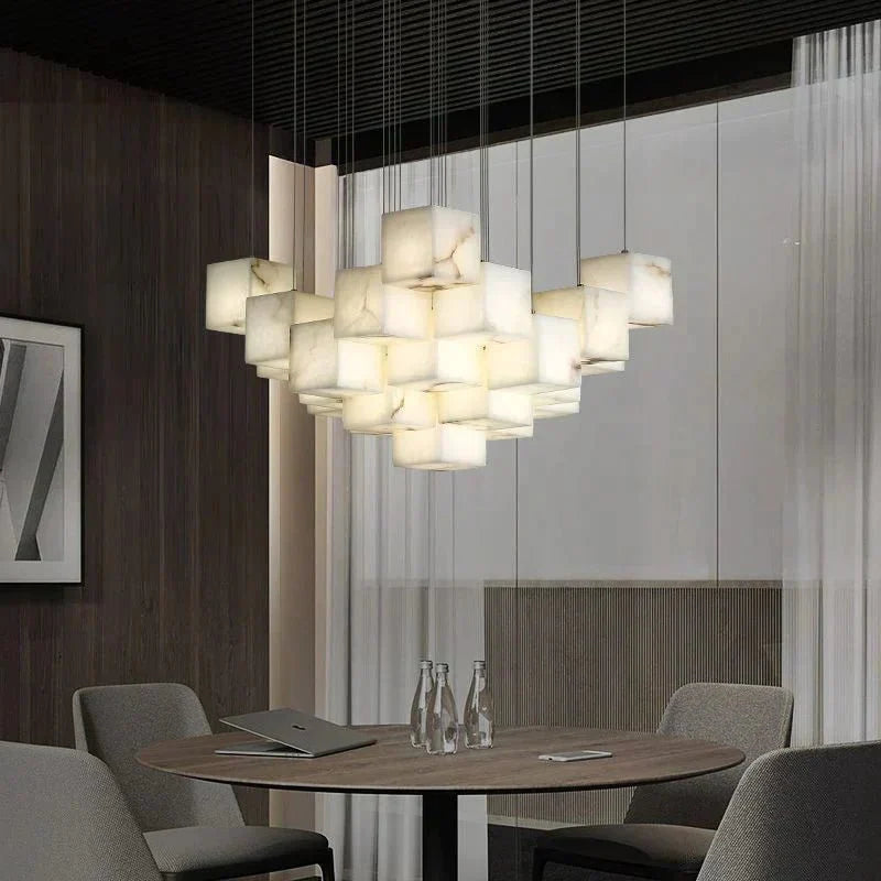 Olive Alabaster Cubic Round Pendant For Dining Table, Staircase - 18 - LightJoyfuzzy