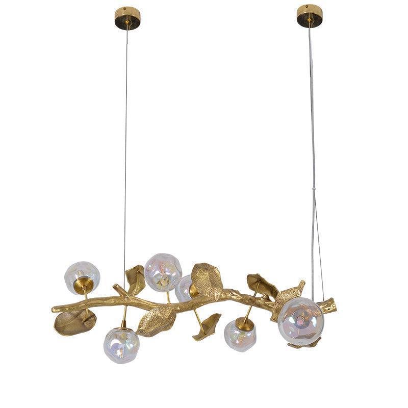 Organic Glass Bubble Brass Branch Chandelier with Leaves - Joyfuzzy