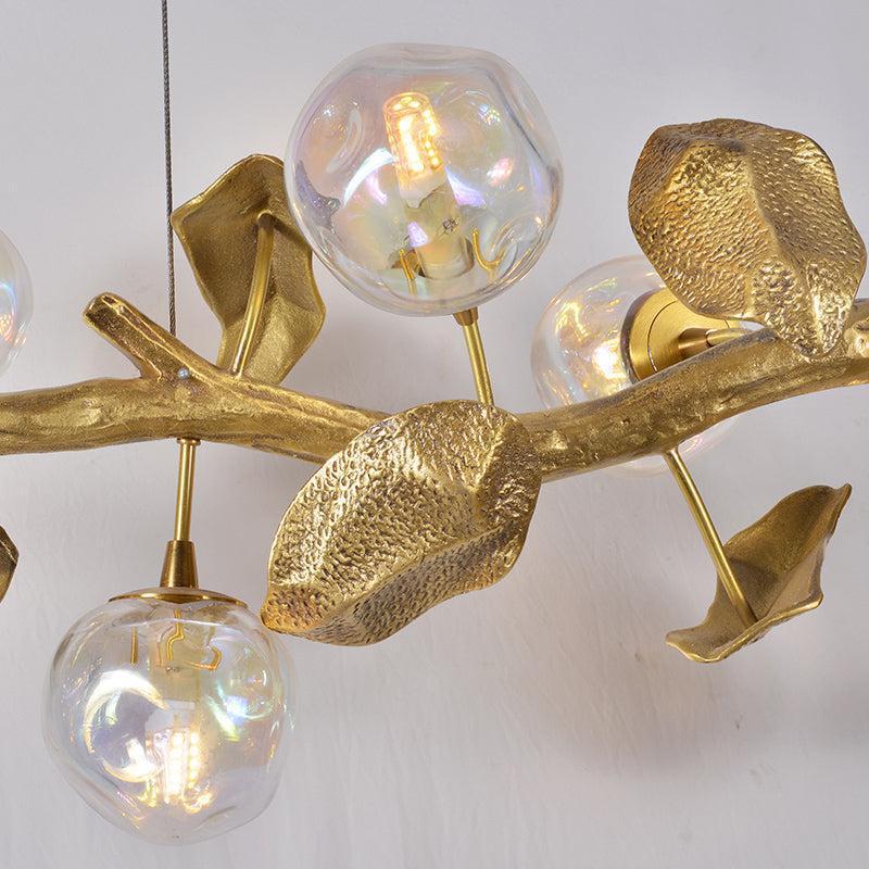 Organic Glass Bubble Brass Branch Chandelier with Leaves - Joyfuzzy